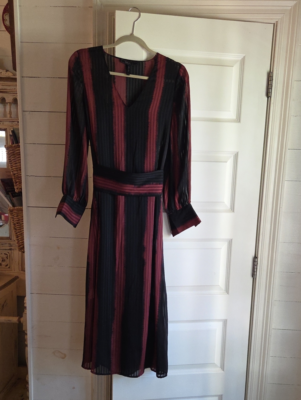 BCBGMaxAzria Burgundy and Black Striped V‑Neck Midi Dress